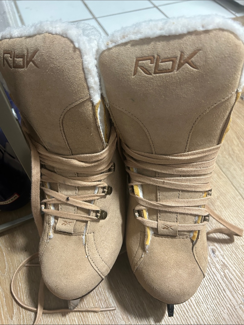 Reebok Women's Tan Suede Ice Skates with wool lining.